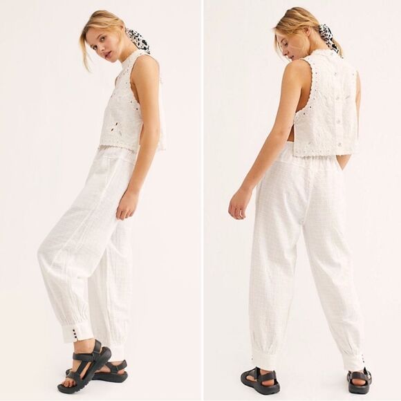 Free People Check It Out Tonal Embroidered Pants in Ivory M - Picture 1 of 16